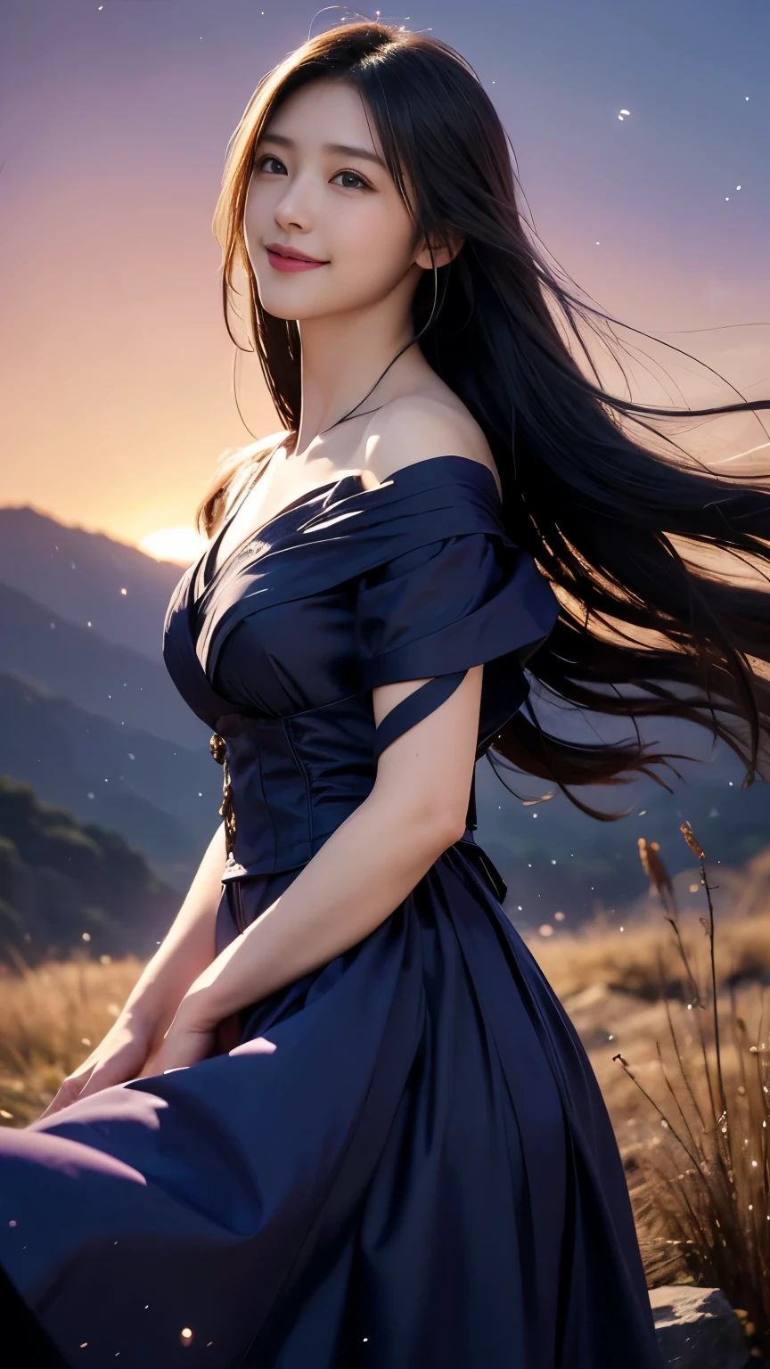 (logo、masterpiece、8k、Tabletop、RAW Photos、wonderful、最high quality、フォトリアルでVery detailedなCG合成8k壁紙、high quality、Very detailed、Narrative poem、Particle Effects、Dynamic Effects、Depth of the Boundary)What is written is、Cinematic Light、Lens flare、Ray Tracing）、Fantasy、（Purple Dress）、（night、night空、Starry Sky、full moon）、（Girl looking up at the sky）、sit、cute、Japanese style、 (smile)、Long Hair、Strong winds、(Hair blowing in the wind)、Natural light、moonlight、(Horizontal photography)、(chest emphasis)、(Low position)、(Low - Angle)