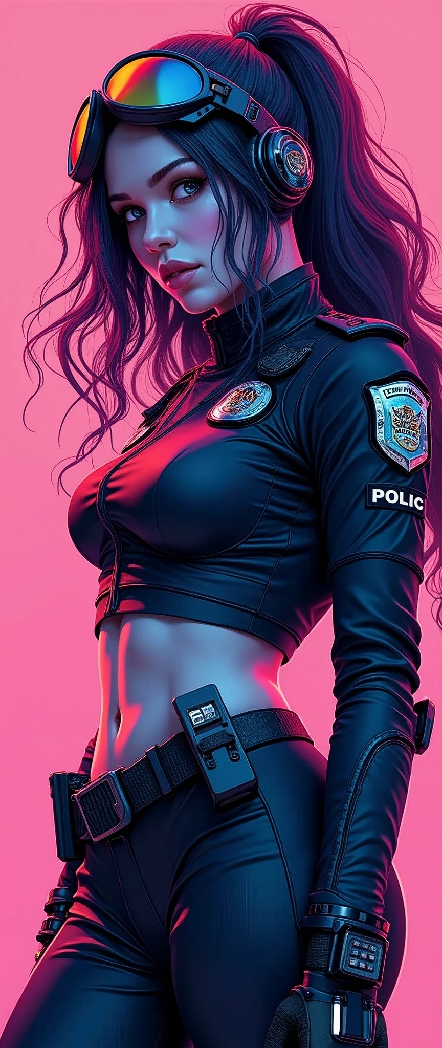 (masterpiece:1.2),(Highest quality),(Super detailed),(Ultra-high resolution),(Best illustrations),8k,wallpaper,(1 female),whole body,(Female illustration,3d,psychedelic,Neon color,Vector art,Layered textures),(Futuristic police officer,cyber punk,sf),(Detailed hand drawing:1.5)