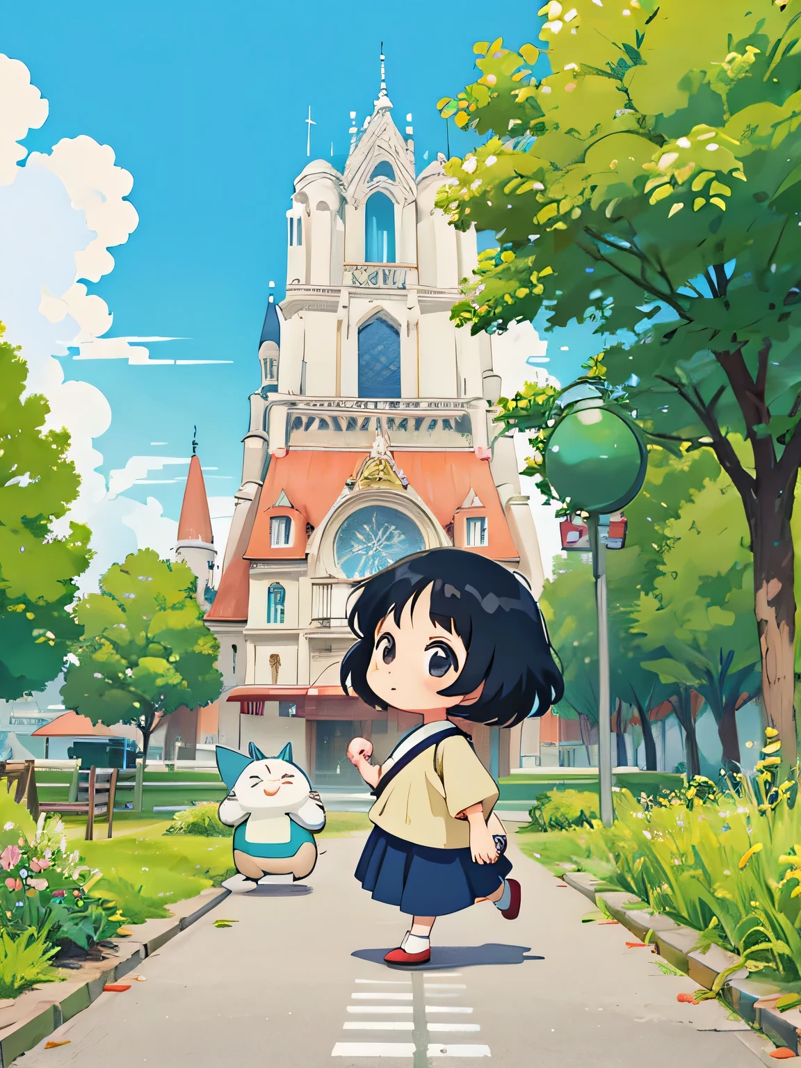 Hayao Miyazaki style、Kawaii Design, most beautiful girl ever、chibi, (((walking))), Paris