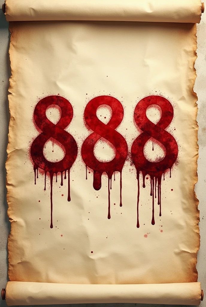 GIVE ME AN OLD PARCHMENT-TYPE PAPER FULL OF WRITINGS WITH THE WRITING 888 IN A VERY LARGE BLOODY LETTER COMING OUT OF THE MIDDLE 8