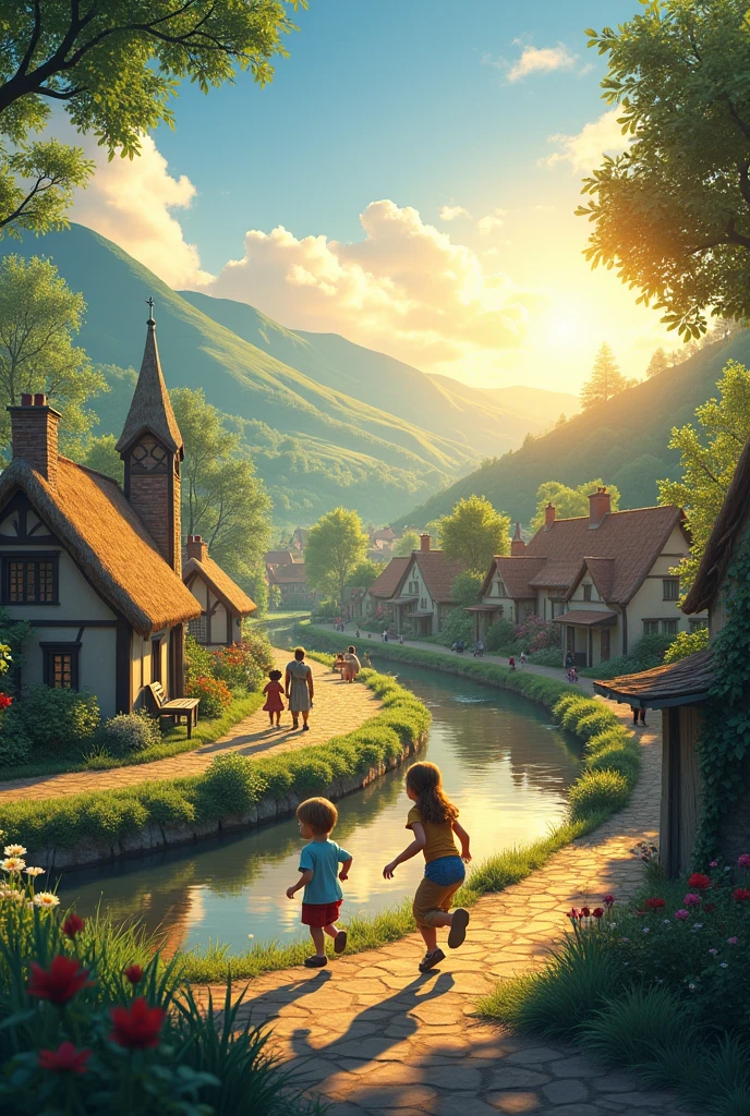 (photorealism:1.2),beautiful nature, sun rise, small village, animal, children playing, people going work