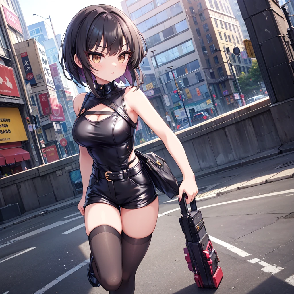 Girl
Mia is also 1m75 tall and weighs around 62kg. Her long black hair is cut into a plunging bob while her dark brown eyes are framed by dramatic smoky eye makeup.
Mia wears a loose black top with short shorts and opaque tights, as well as combat shoes.