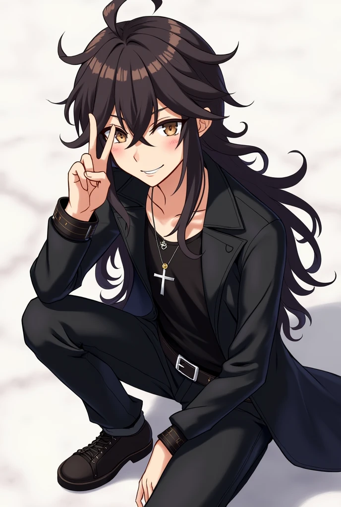 Beautiful young man, Long dark wavy hair, doe eyes, brown eyes, long dark eyelashes, brown hair, scruffy hair, long hair, pierced ears, pale skin, smiling, peace gesture, cross necklace, black rock outfit, slim build. anime style, high quality, amount of drawing, pixiv illustration,  overhead view, crouching,