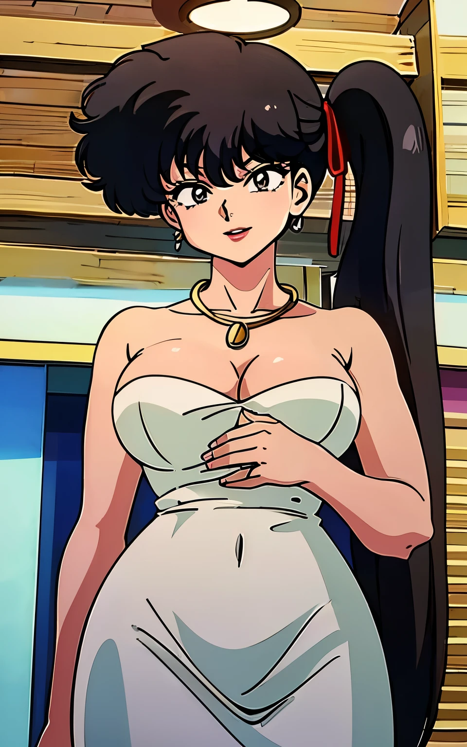 ((masterpiece, Highest quality, case)))), High resolution、8k、1990s、Brick wall、1 girl,alone, kodachi kuno (, Black hair side ponytail 、Long upper eyelashes、Thin lips、Round jaw、White Dress、Gold Necklace、,Skin color(light brown)))), Huge breasts, Cleavage、Girl,Bright smile、I can see your belly、Detailed skin, Autora Rumiko Takahashi、Angle from below、Put your right hand on your chest