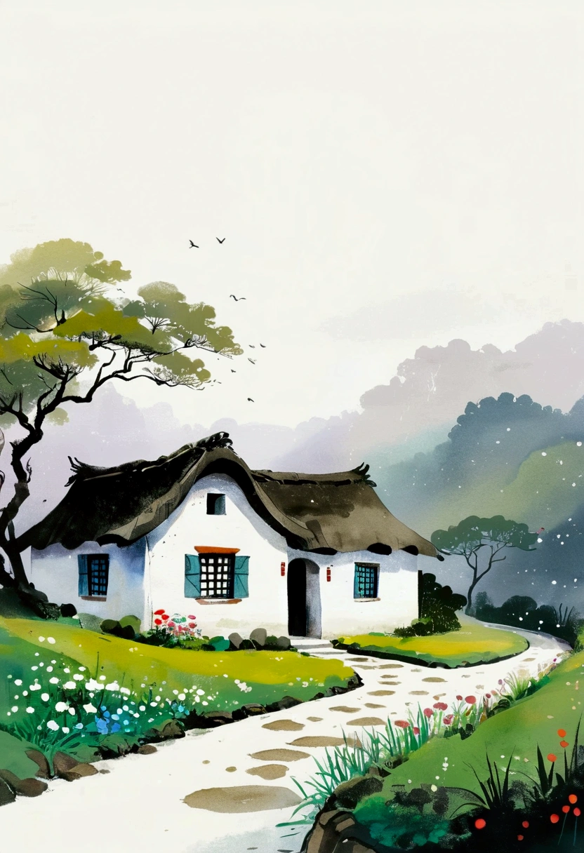 Sky占比2/3.Chinese Ink Painting Sketch:Peaceful and Freehand,artistic conception:2.Dot,A thatched cottage on a winding path,Minimalism,White background。(((Negative Space:2,Large area of blank:2, Bottom left corner composition)))。niji6 style