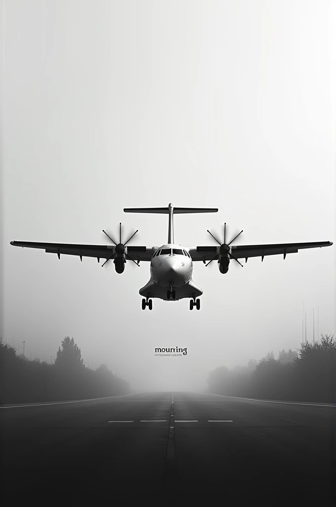 Create an image of an ATR 72 airplane flying in black and white,with the symbol of mourning right in the middle of the image and the words mourning