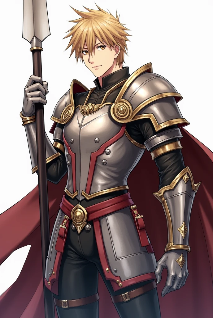 Anime male paladin with a determined expression, wearing detailed armor and wielding a lance and a shield.