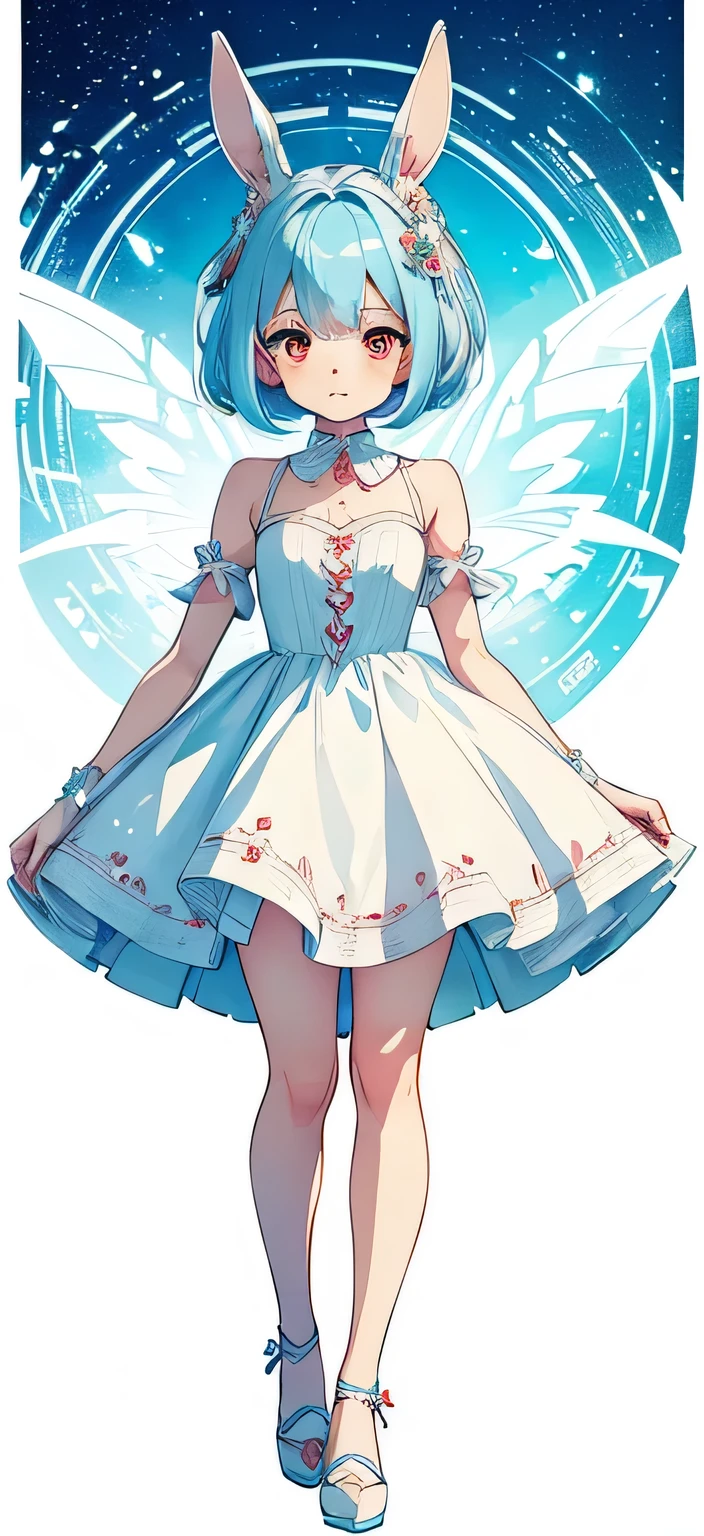 ((chibi)), a anime style cute small white rabbit standing on two feet, red eyes, tall ears, bob, large face, short stature, , wearing a light blue dress, (best quality,4k,8k,highres,masterpiece:1.2),,intricate details,highly detailed,exquisite,stunningly beautiful,vibrant colors,soft lighting,fantasy,magical realism,white background