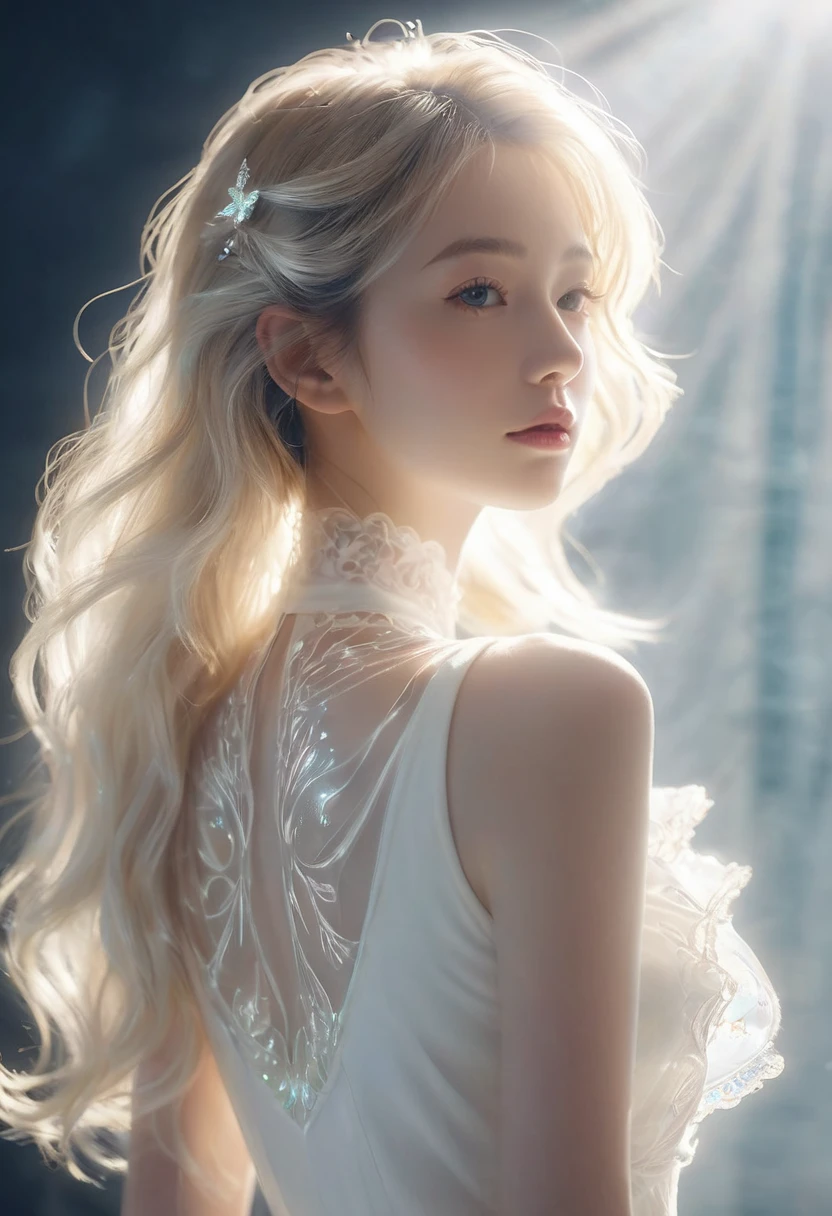 A clear day at a Paris landmark, france, ((jewel_light element)), (Translucent luminous body_wearing a white frilly blouse), (girl made of light: 1.2, Long wavy, A calm blonde hairstyle that adds delicate features and gloss to pale skin), (minimalism: 0.5), (Front close-up angle above waist: 1.3), 4K, HDR, acid graphics, fantasy work, [Detailed and vivid face: 0.33], (White translucent glowing body and hair: 1.3), Shining beautiful woman with silhouette outline, Understated elegance is revealed.... A calm and dignified atmosphere provides a subtle sense of luxury.. stylish pose, fluorescent lamp, Glowing tattoo, bioluminescent tattoo, glowing pattern.