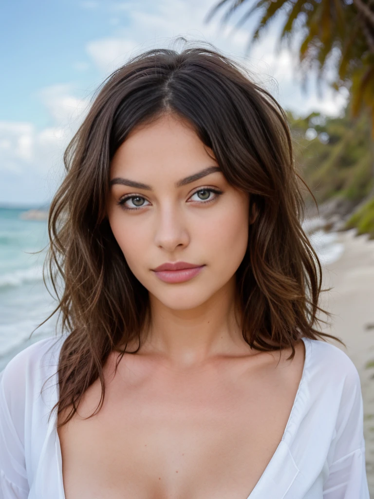 Jolie belle brune sexy (black har) (allonger dans le sable), Low cut, very detailed, 18 ans, Visage innocent, naturally wavy hair, yeux verts, high resolution, head of'ouvrages d'art, best quality, intricate details, very detailed, mise au point nette, detailed skin, texture de peau realistic, texture, detailed eyes, professionnel, 4K, charming smile, prise avec Canon, 85 millimeters, slight depth of field, Kodak Vision Color, corps parfaitement ajusté, extremely detailed, Photograph_\(ultra\), photographiquerealistic, realistic, Post-traitement, Maximum details, roughness, real life, ultrarealistic, photorealism, photographie, 8k uh, photographie