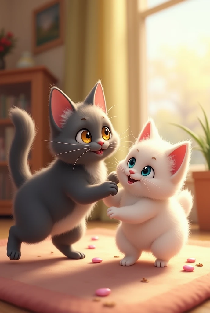 
In the scene, Two cats are playing happily in a cozy environment. The first cat is completely grey, with bright yellow eyes. The second cat is white, Small and chubby, with light blue eyes. Both cats are happily interacting, maybe chasing each other or playing with a ball or toy. The image conveys a sense of fun and friendship between them..
