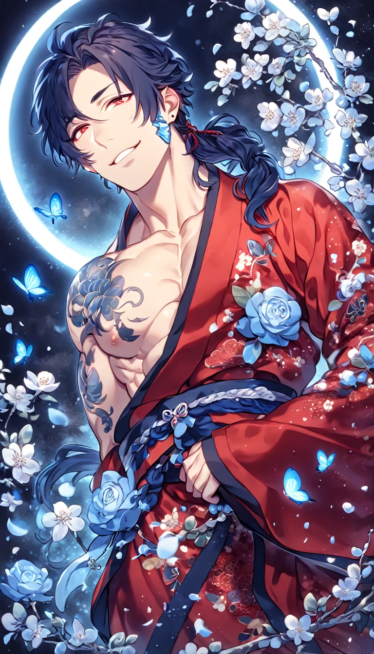 absurdres, highres, ultra detailed, HDR, master piece, best quality, extremely detailed, Koujaku, dark navy hair that is short and a little chopped at the top, has a thick fringe over the right side of his face and keeps the rest tied, expressive red eyes, Dramatical Murder, solo, sexy man, handsome, handsome smile, manly man, sensual, horny, red kimono, patterns, fantasy, magical, blue moon, blue flowers, blue butterflies, blue petals, blossoms, water