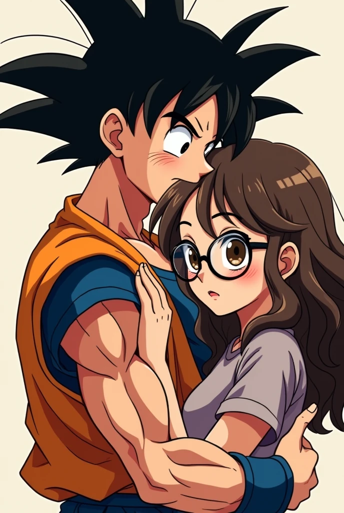 anime style, Goku hugging a girl with wavy brown hair at waist level, Brown eyes, with black lenses, It reaches the height under Goku's chin, looking at each other Toriyama style