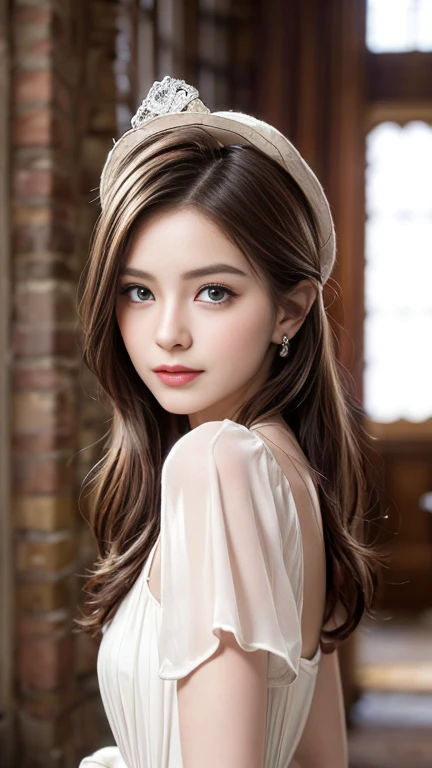 1 girl, very bright backlighting, solo, {beautiful and detailed eyes},calm expression, natural and soft light, hair blown by the breeze, delicate facial features, Blunt bangs, beautiful Russian girl,eye smile, very small earrings, 22yo, ((model pose)), Glamor body type,(half red and half brown hair,noble hairstyle:1.2), flim grain, realhands, masterpiece, Best Quality, photorealistic, ultra-detailed, finely detailed, high resolution,brown messy hair, perfect dynamic composition, beautiful detailed eyes, Russian girl,((nervous and embarrassed)),sharp-focus, beautymix, FilmGirl,smile,(wearing a noble white dress,hat,gloves :1.3),(Standing in a noble castle in England:1.3),(cowboy shot:1.3),facing reality,model pose