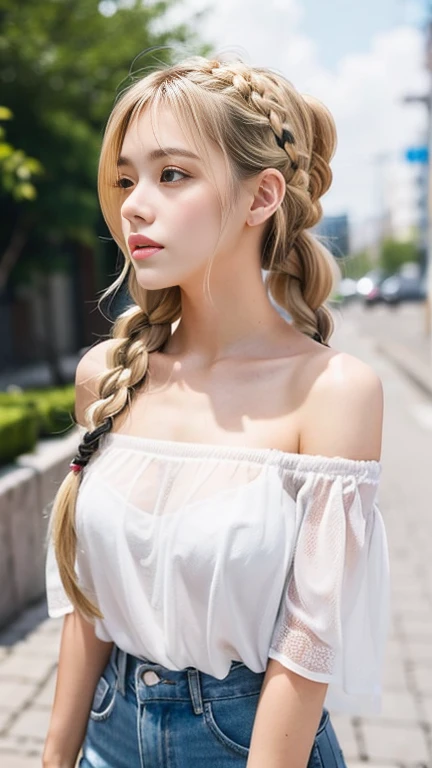 A 22-year-old beautiful girl with a sexy and cute look, Beautiful and sexy face、A strong wind blows my hair in front of my face、Blonde French braids with cute and sexy eyes hidden by long bangs、Off-the-shoulder T-shirt、Tulle mile