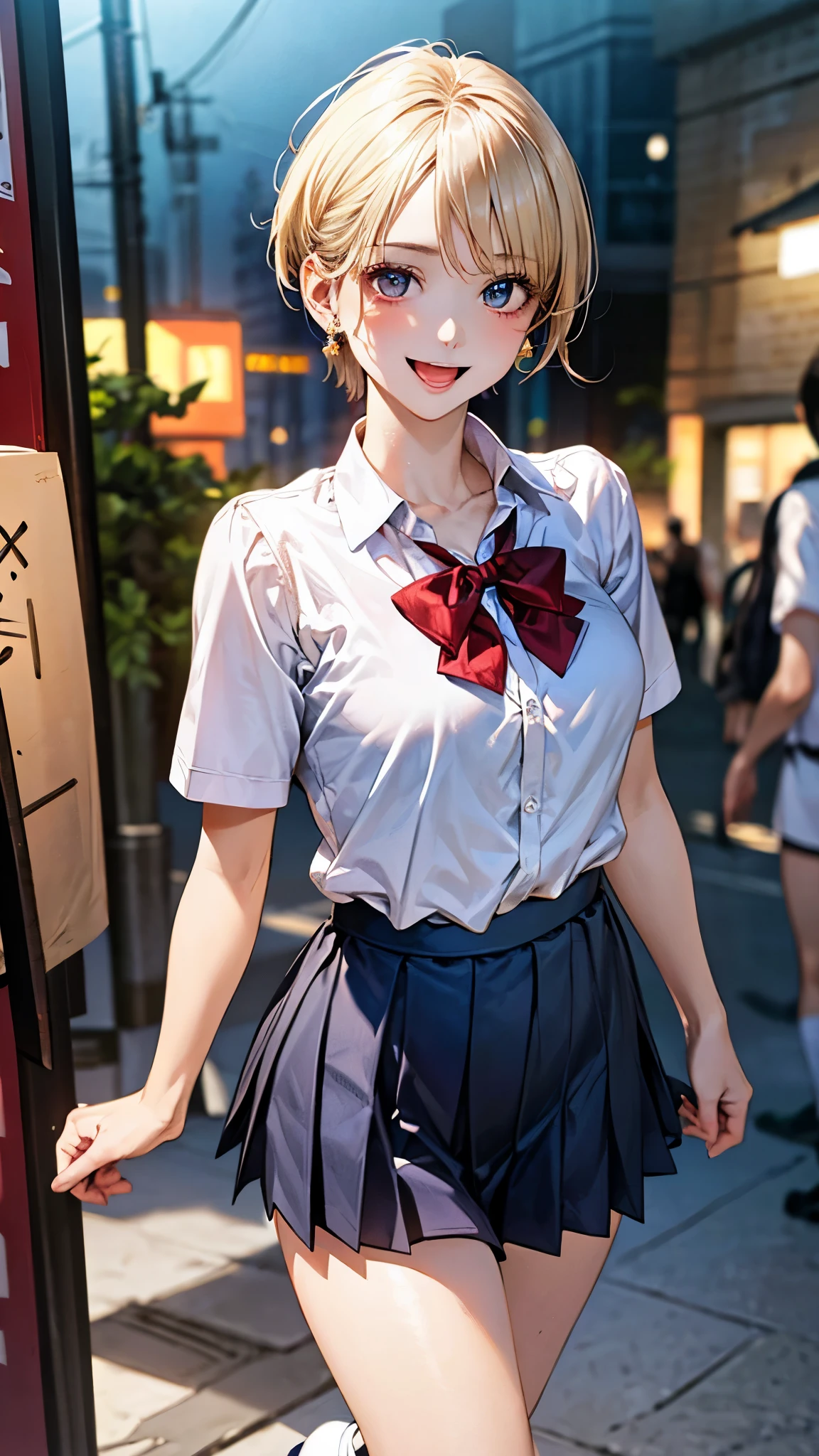 (masterpiece:1.2, highest quality), (realistic photo:1.4), beautiful illustrations, (natural side lighting, movie lighting),
beautiful hair, beautiful face, detailed and beautiful eyes, beautiful clavicle, beautiful body, beautiful breasts, beautiful thighs, beautiful feet, beautiful fingers,
looking at the viewer, 1 girl, 12 years old, (perfect anatomy, anatomically correct, super detailed skin), cute symmetrical face, baby face, perfect face, perfect eyes,
(short hair, pixie cut hairstyle, blonde hair), swept bangs, gold eyes, long eye lasher, (medium breasts, seductive thighs), perfect body, shiny skin, slender,
(short sleeve white collared shirt, navy pleated mini skirt, break red bow tie), break white socks, earrings, break
(beautiful scenery), night, (night market), (walking, carry snacks), (happy smile, open mouth, feeling of satisfaction),