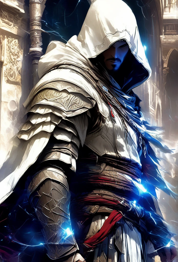 ezio auditor:1.4, Un Very detailed, ilustrACión cinematográfica de un asesino del universo de Assassin's Creed:1.4, He wears a striking white hooded cloak and a hidden blade, Facing a temperamental, atmospheric background, iluminACión dramática, intricate and ornate architecture, photorealistic, Digital art, conceptual art stylequality\(8k,extremely detailed CG unit wallpaper, masterpiece,High resolution,top-quality,top-quality real texture skin,hyperrealistic,increase resolution,RAW Photos,The best quality,Very detailed,The wallpaper, iluminACión cinematográfica,ray trace,golden ratio\), BREAK .AC_neg1