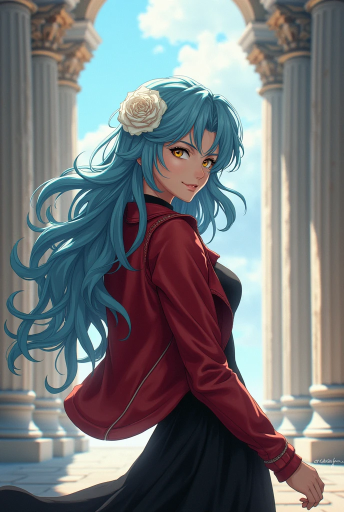 Saint seiya anime style, young adult woman, pale skin, yellow-green eyes, long wavy light blue hair, looking back with curious smile, athletic body, black flowy dress with red leather jacket, white rose in hair, background ancient greek sanctuary