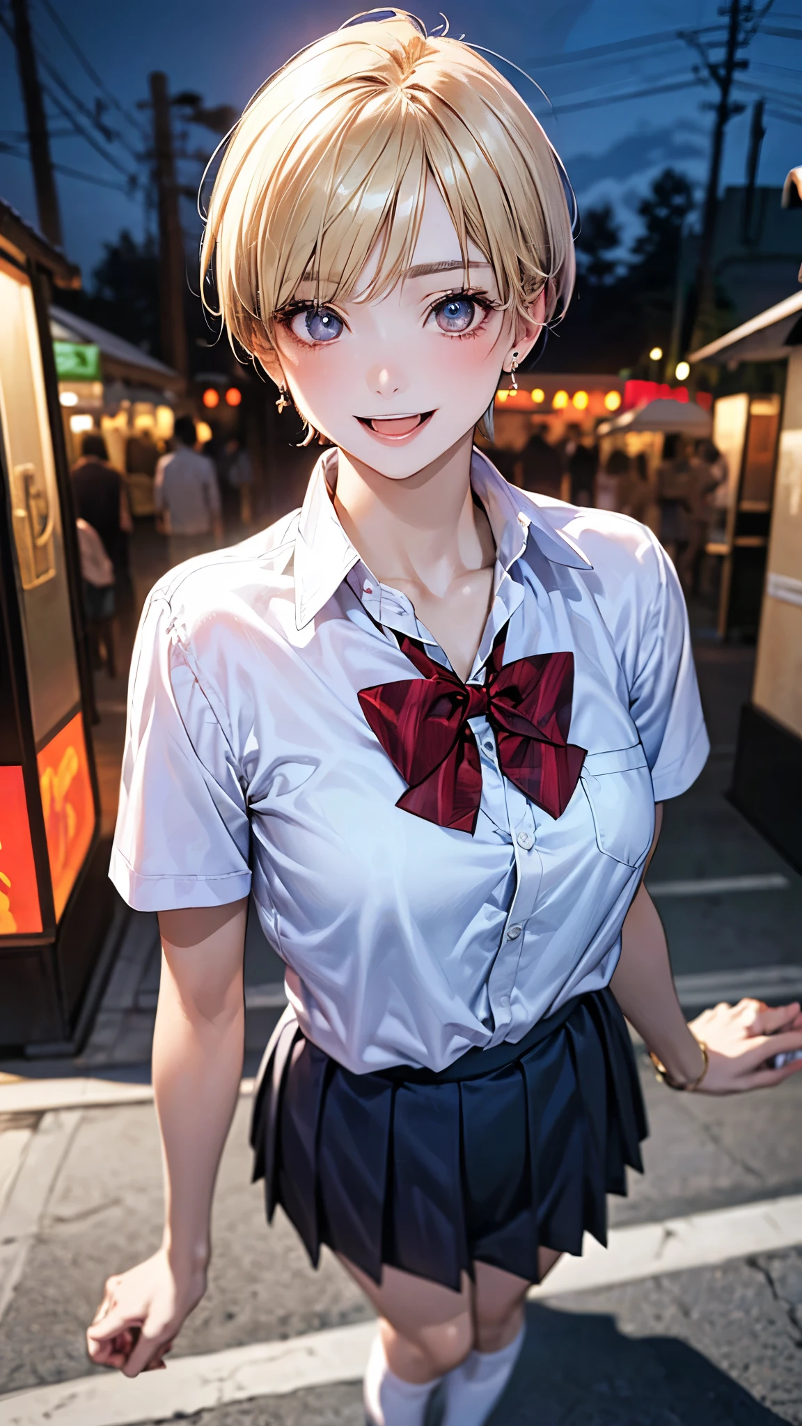 (masterpiece:1.2, highest quality), (realistic photo:1.4), beautiful illustrations, (natural side lighting, movie lighting), 
beautiful hair, beautiful face, detailed and beautiful eyes, beautiful clavicle, beautiful body, beautiful breasts, beautiful thighs, beautiful feet, beautiful fingers, 
looking at the viewer, 1 girl, 12 years old, (perfect anatomy, anatomically correct, super detailed skin), cute symmetrical face, baby face, perfect face, perfect eyes, 
(short hair, pixie cut hairstyle, blonde hair), swept bangs, gold eyes, long eye lasher, (medium breasts, seductive thighs), perfect body, shiny skin, slender, 
(short sleeve white collared shirt, navy pleated mini skirt, break red bow tie), break white socks, earrings, break 
(beautiful scenery), night, (night market), (walking, carry snacks), (happy smile, open mouth, feeling of satisfaction), 