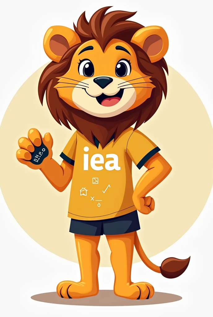 Image of an animated lioness mascot that says iea on her shirt and has math symbols on her paw 