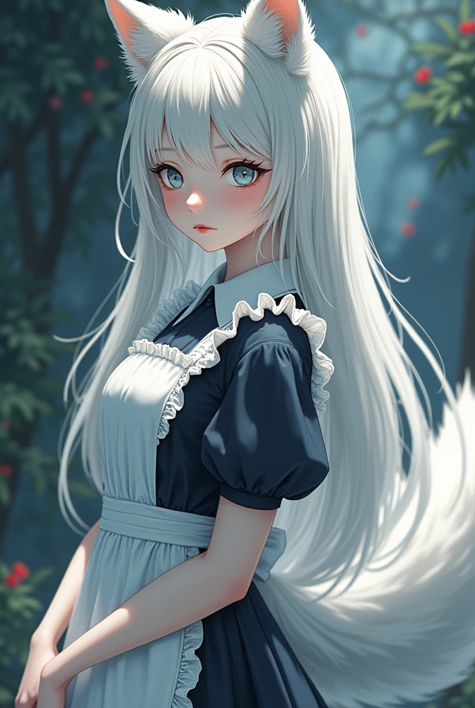 Please, a cute Japanese person with white hair!
Her hair is long and her eyes are white.!
I'd like some wolf ears and a tail too!
Try putting on a maid outfit😏