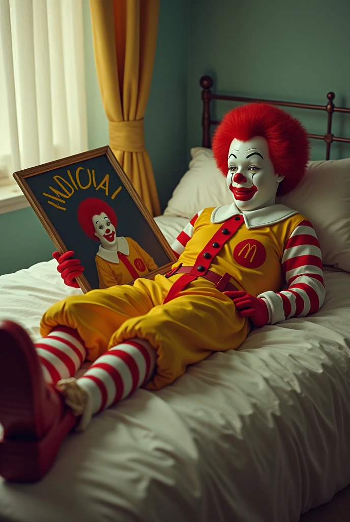 Create Ronald Macdonalds lying on a bed holding a painting with both hands, as if looking at a picture, You can use as a reference the image of Wolverine holding a painting that is famous on the internet