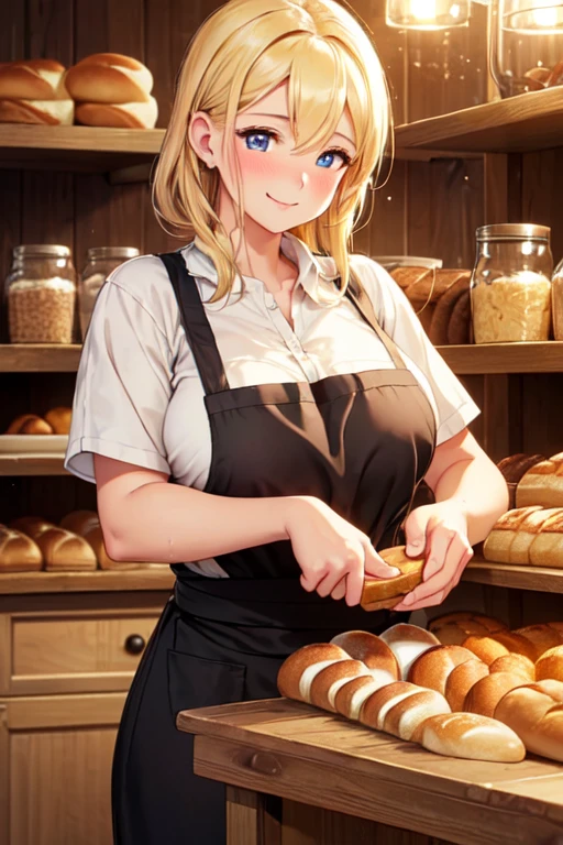 (High quality, High resolution, Fine details), a bakery staff working in a cozy bakeshop, freshly baked bread, warm lighting, vintage decor, natural wood accents, solo, curvy adult women, blonde hair, sparkling eyes, (Detailed eyes:1.2), smile, blush, Sweat, Oily skin, natural lighting, Soft tones, shallow depth of field