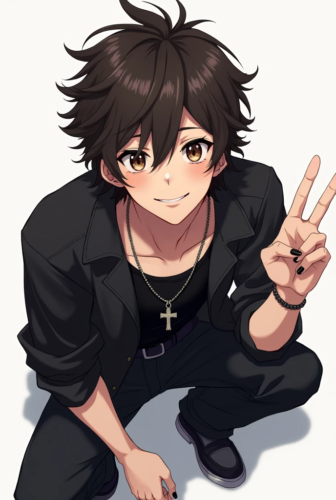 Beautiful young man, Long dark wavy hair, doe eyes, brown eyes, long dark eyelashes, brown hair, scruffy hair, long hair, pierced ears, pale skin, smiling, peace gesture, cross necklace, black rock outfit, slim build, freckles, high quality, amount of drawing, pixiv illustration, overhead view, crouching