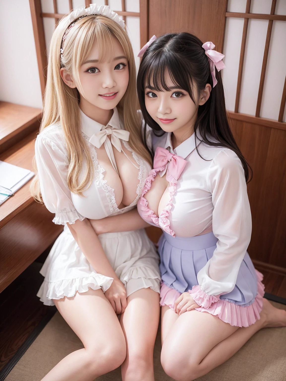 Highest quality、Face Focus、Soft Light、(Written boundary depth)、Ultra-high resolution、(Realistic:1.4)、RAW Photos、(knees:1.4)、((片方のkneesを軽く曲げる))Three Japanese Girls、Three 20-year-old girls、Huge 、(shy、Sexy seductive smile:1.1)、(Moonlight Eyes)、Beautiful face in every detail、(blonde, Cute hairstyle, 強調された超Hugeな非常にHugeな胸の谷間が見える)、High angle shot、Center View、Two Arab Asian women sitting at a desk wearing satin clothes、Amazingly cute sexy girl、Japanese Girls、Wearing a lace slip shimmy、Surreal 、Surreal 、 Sexy and seductive lewd poses with hugging and touching、Ezvian Everywhere、Beautiful Skin、Glowing Skin、Nice thighs、Shining thighs、Shining Legs、kneesの白いハイソックス、Luxurious Japan bedroom 、Nogizaka Idol、韓国Idol、We invite you、Idol, (School festival frilly costume:1.3),(mini skirt:1.3),zettai ryouiki,bow tie,Hair Ribbon,Large Breasts,
(Button gap:1.1),No sleeve,cuffs,tights、(Big Breasts:1.5)、(Tight clothes that accentuate the shape of the breasts)