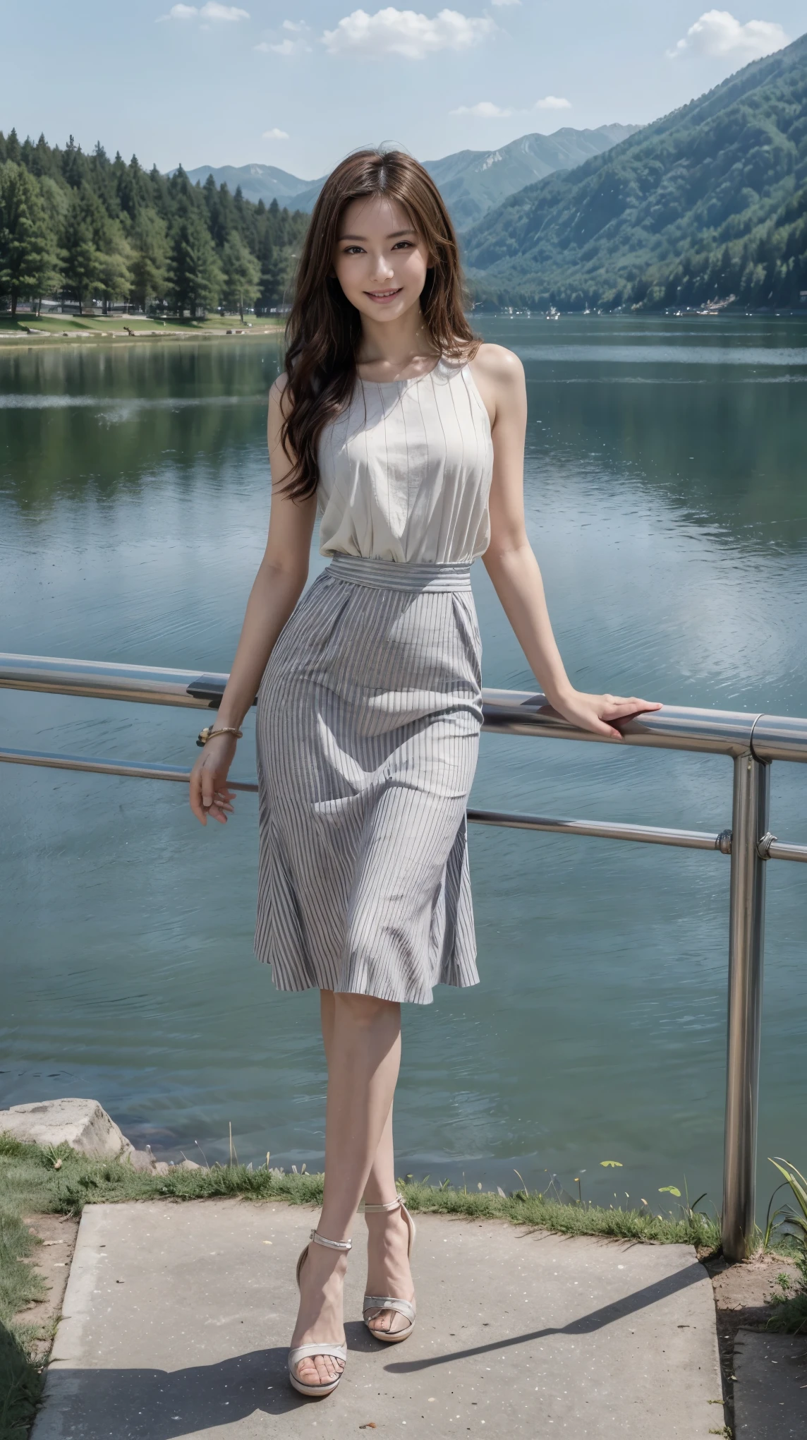 ((masterpiece)),(((Highest quality))),Low angle shot:1.5,Long legs,The best smile:1.5,Slim figure:1.5,whole body:1.5,(One Girl:1.3),(Viewer Display:1.4),(Pointy high heels:1.3),(Standing with legs wide apart by the lake:1.2),(Wearing a striped long skirt dress:1.2),Long Curly Hair:1.5,