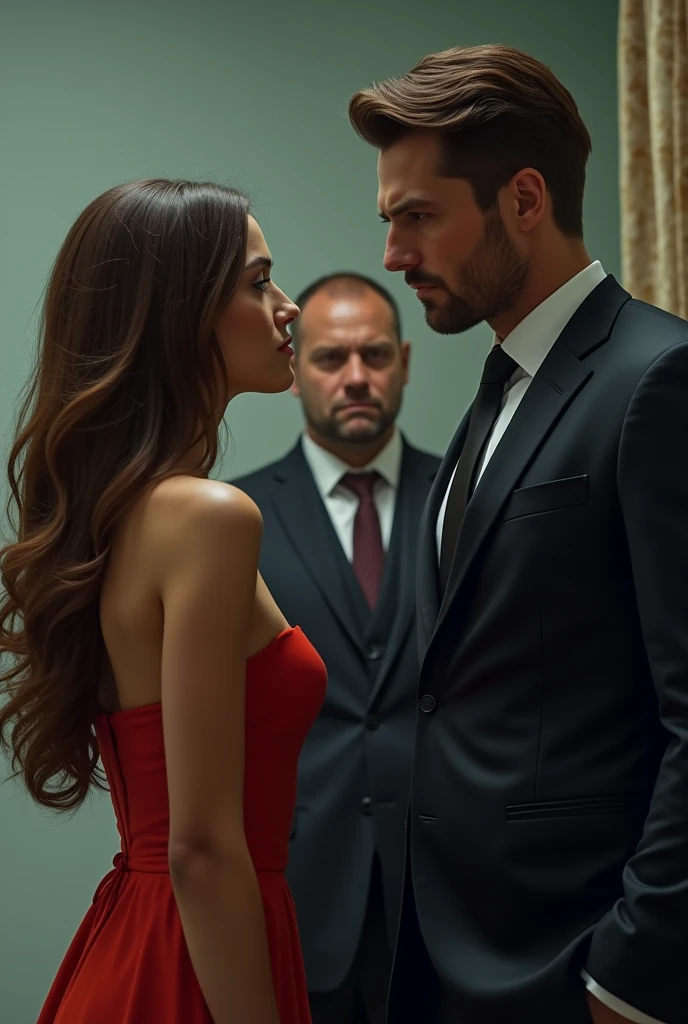 A woman would be young, 25 to 27 years old., brown hair and dark skin. Next to her is a young 30-year-old man in a suit, serious and staring at her, and behind them is another angry man, jealous of them..  