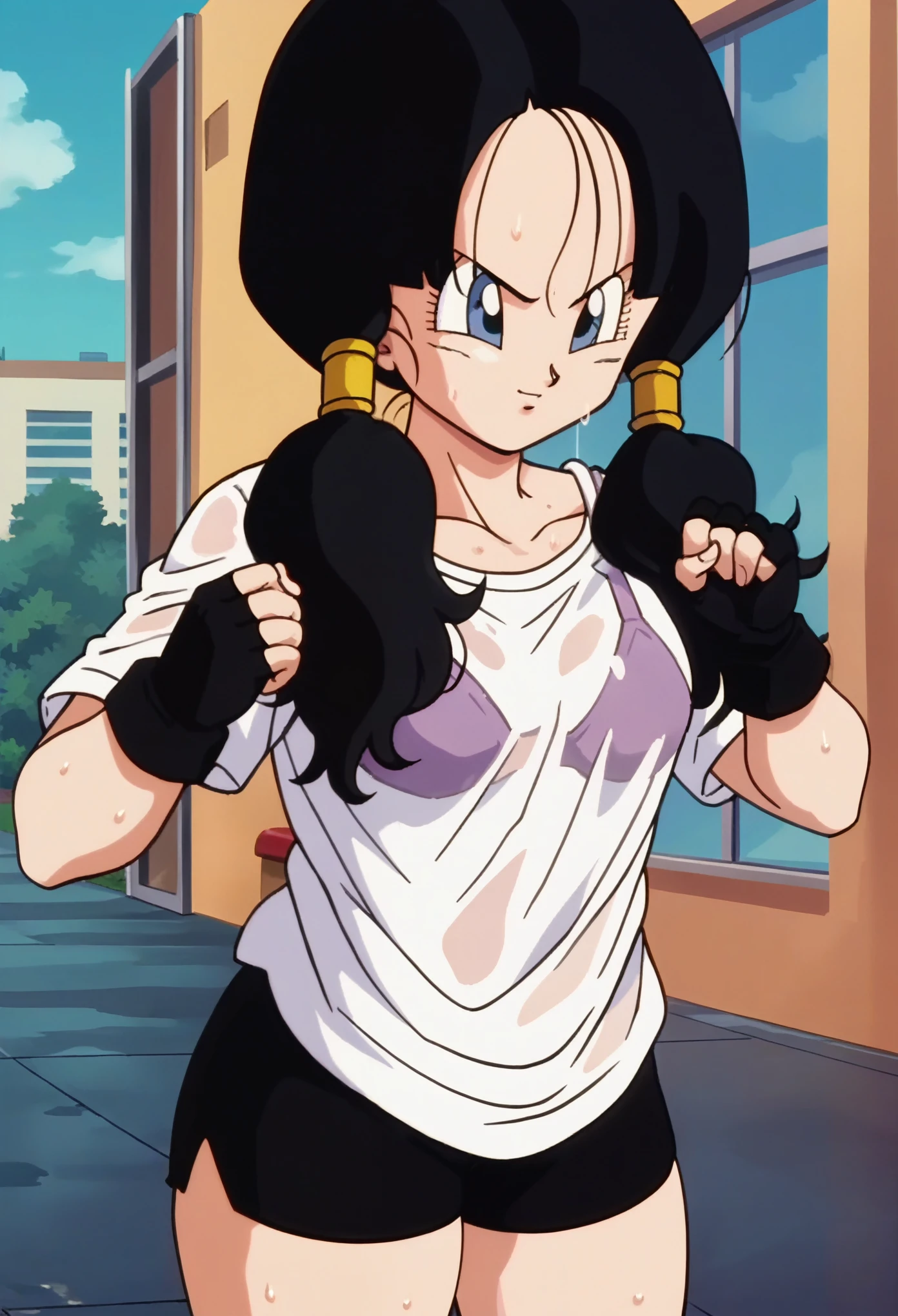 source_anime, score_9, score_8_up, score_7_up, anime screencap,
videldbz, 1girl, solo, long hair, blue eyes, black hair, ponytails, (bra), thick thighs, white shirt, contryside, fingerless gloves, black shorts, ((sweat)), (gym), wet t shirt