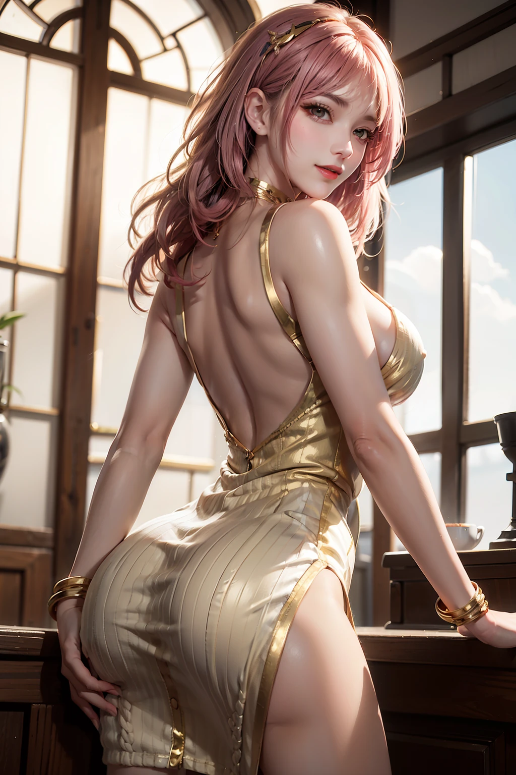 ((of the highest quality)),(ultra high resolution),(Super detailed),(Detailed description),((best cg)),(best work of art),super precision art,great art of drawing,(Art with precise details.:1.5), (1 noblewoman:1.6),beautiful and shapely face:1.5,light makeup:1.6,(Colorful backless dress with intricate details.:1.8),hairstyle hair:1.6, balcony of the old castle:1.5,sunset sky:1.5