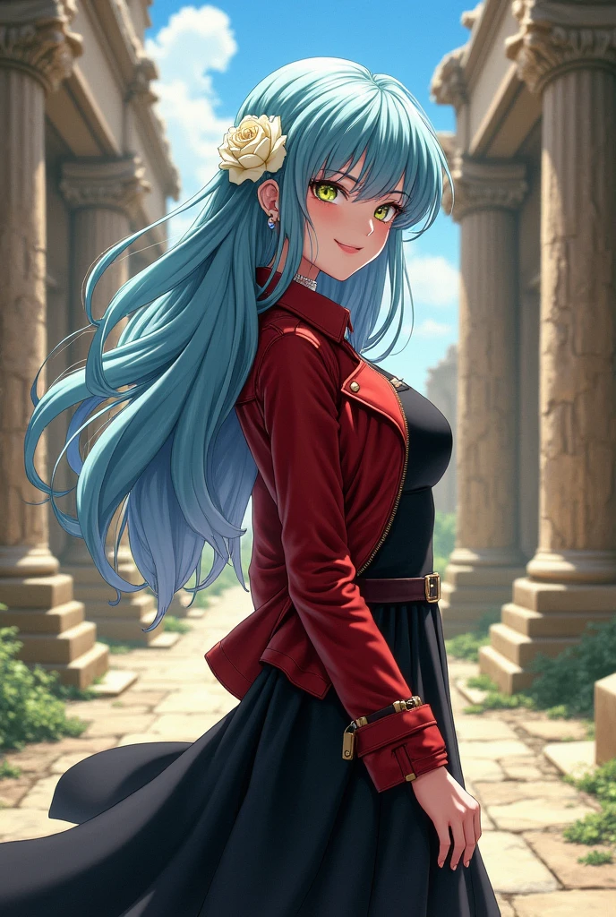 Saint seiya anime style, young adult woman, pale skin, yellow-green eyes, long wavy light blue hair, looking back with curious smile, athletic body, black flowy dress with red leather jacket, white rose in hair, background ancient greek sanctuary