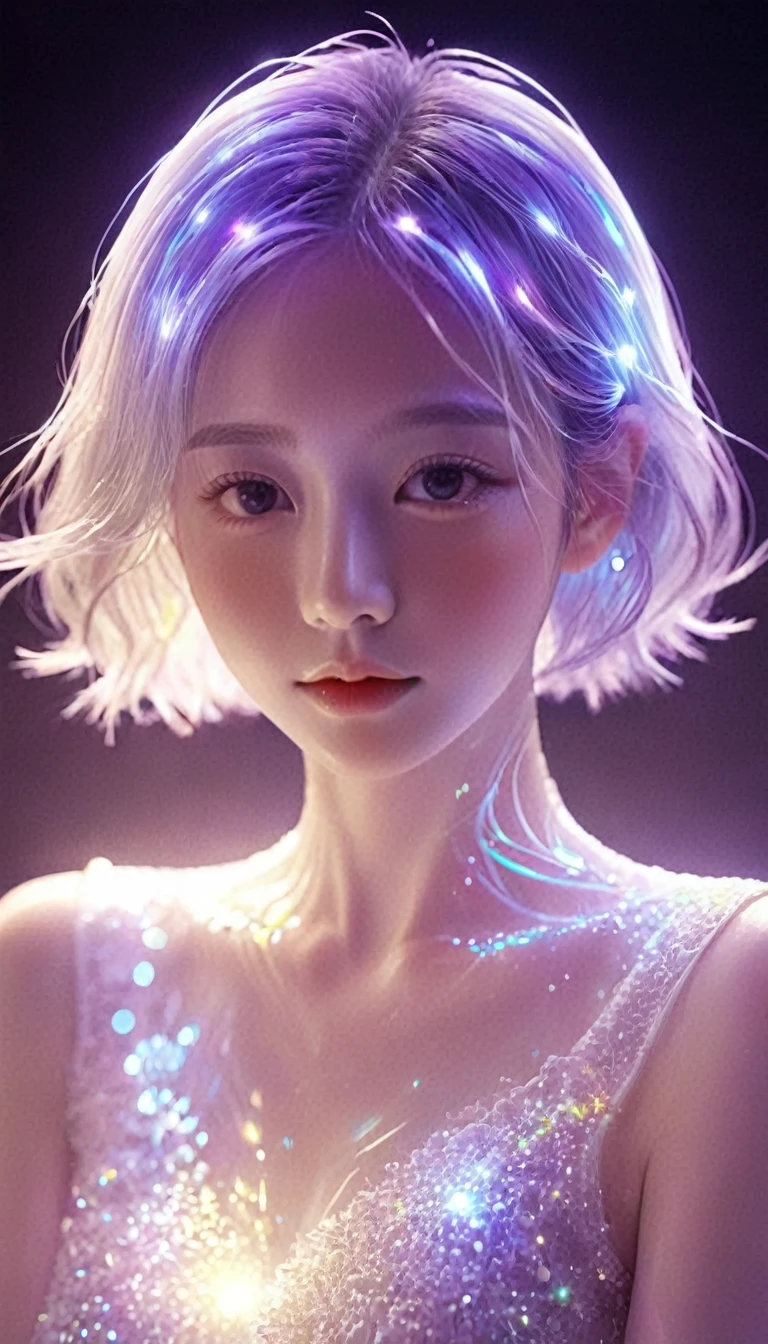 jewel_particle,jewel_contour,line of light,빛의 particle,A girl made of particle,The density of contour at the finger part is high,(gray hair:0.3),