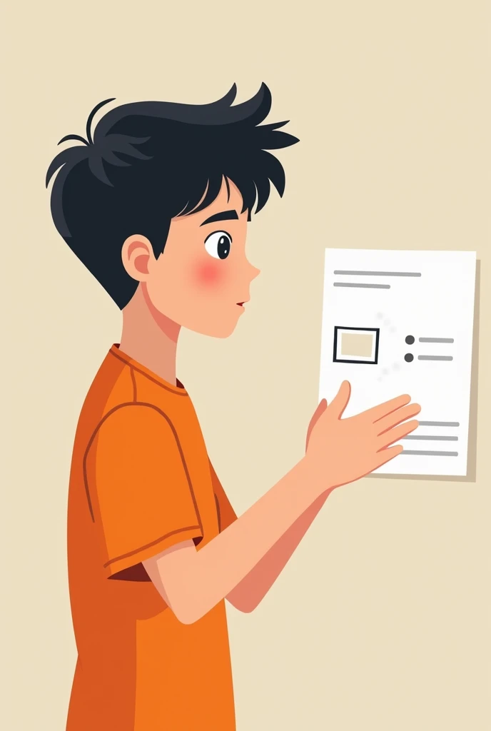 Black-haired teenage boy in orange shirt explaining simple graphic image