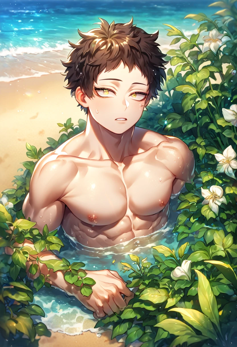 absurdres, highres, ultra detailed, HDR, master piece, Overhaul, dark brown hair, short hair, short bangs, long eyelashes, expressive golden eyes, without shirt, Boku No Hero Academia, toned chest, bare chest, sexy man, handsome, best quality, beach, fantasy, magical, solo, water, sensual, horny, green leaves, flowers, manly man, close up