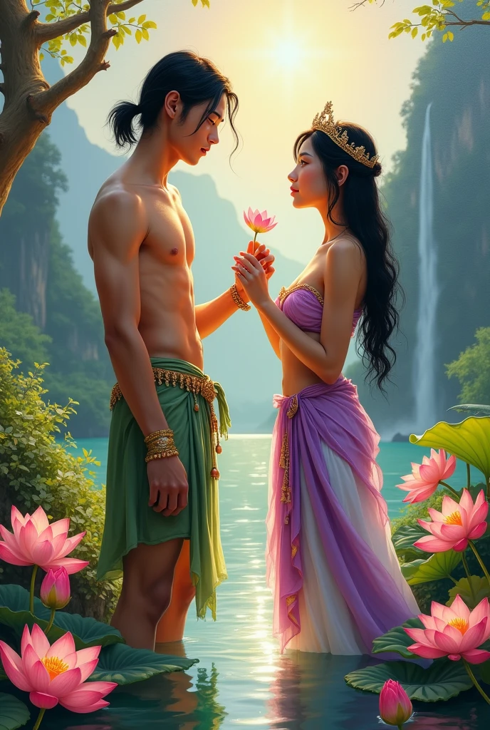 full lenght hiper Full body picture by the beautiful Kok River. Handsome young man, tall, well-proportioned, fair skin, long black hair tied loosely, wearing a green and gold loincloth, light green, gold, silver, gold, silk, hanging from a gold bracelet. He hands a jasmine flower to a beautiful, sweet young woman in a pink and purple Dusit Thai dress, wearing a white and purple sarong, long black hair, wearing a small crown. The pond has pink and orange lotus flowers around it, glowing and shimmering. You can see all around, glowing and shimmering beautifully. There is a white and gold Thai Naga. Beautiful mountain and waterfall scene, 3D picture, oil painting, art picture by Ajarn Chalerm Chai.