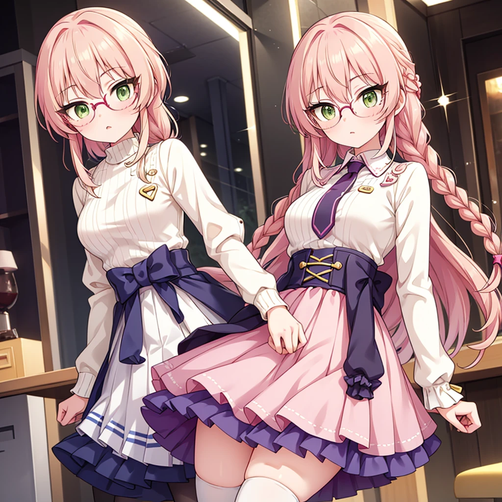 Girl
Ana is about 1m60 tall and weighs about 60kg. She has waist-length straight blonde hair and sparkling green eyes behind her round glasses.
 Ana wears a pale pink pleated skirt with matching pink tights, as well as a soft white sweater. She also put her blonde hair in braids to complete her cute look.