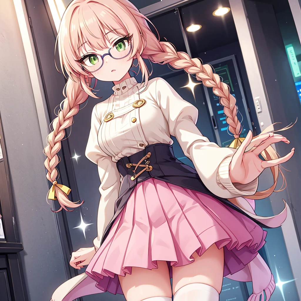 Girl
Ana is about 1m60 tall and weighs about 60kg. She has waist-length straight blonde hair and sparkling green eyes behind her round glasses.
 Ana wears a pale pink pleated skirt with matching pink tights, as well as a soft white sweater. She also put her blonde hair in braids to complete her cute look.