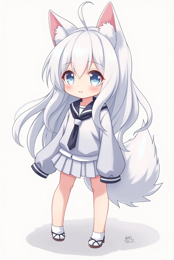 Please, a cute Japanese person with white hair!
Her hair is long and her eyes are white.!
I'd like some wolf ears and a tail too!
It's a miniskirt uniform!