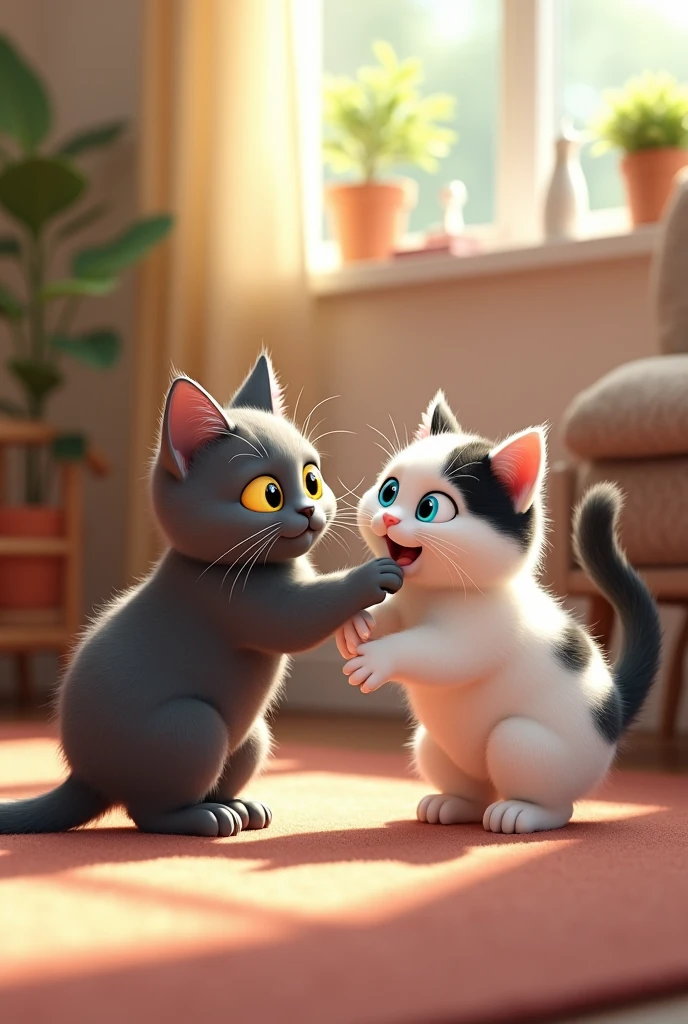 In the scene, Two cats are playing happily in a cozy environment. The first cat is completely grey, with bright yellow eyes. The second cat is white with black spots, Small and chubby, with light blue eyes. Both cats are happily interacting, maybe chasing each other or playing with a ball or toy. The image conveys a sense of fun and friendship between them.. realist