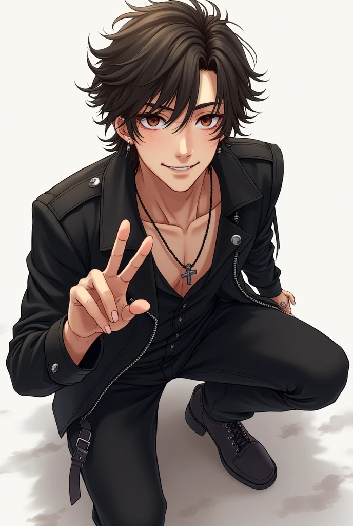 Beautiful young man, Long dark wavy hair, doe eyes, brown eyes, long dark eyelashes, brown hair, scruffy hair, long hair, pierced ears, pale skin, smiling, peace gesture, cross necklace, black rock outfit, slim build, freckles, high quality, amount of drawing, pixiv illustration, overhead view, crouching