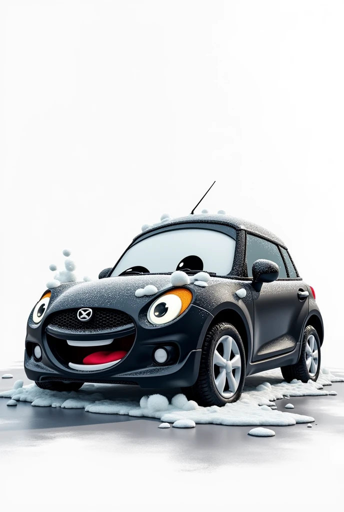 A picture of a modern black car smiling and happy. Let it be wet with car wash foam. White background for logo