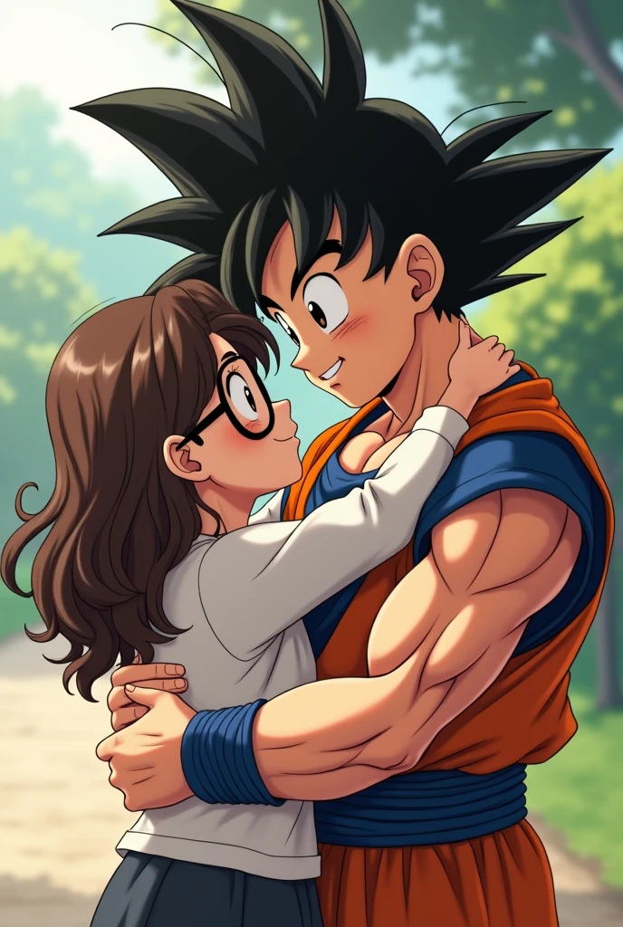 anime style, Goku hugging a girl with wavy brown hair at waist level, Brown eyes, with black lenses, It reaches the height under Goku's chin, looking at each other, Toriyama style from the anime dragon ball z