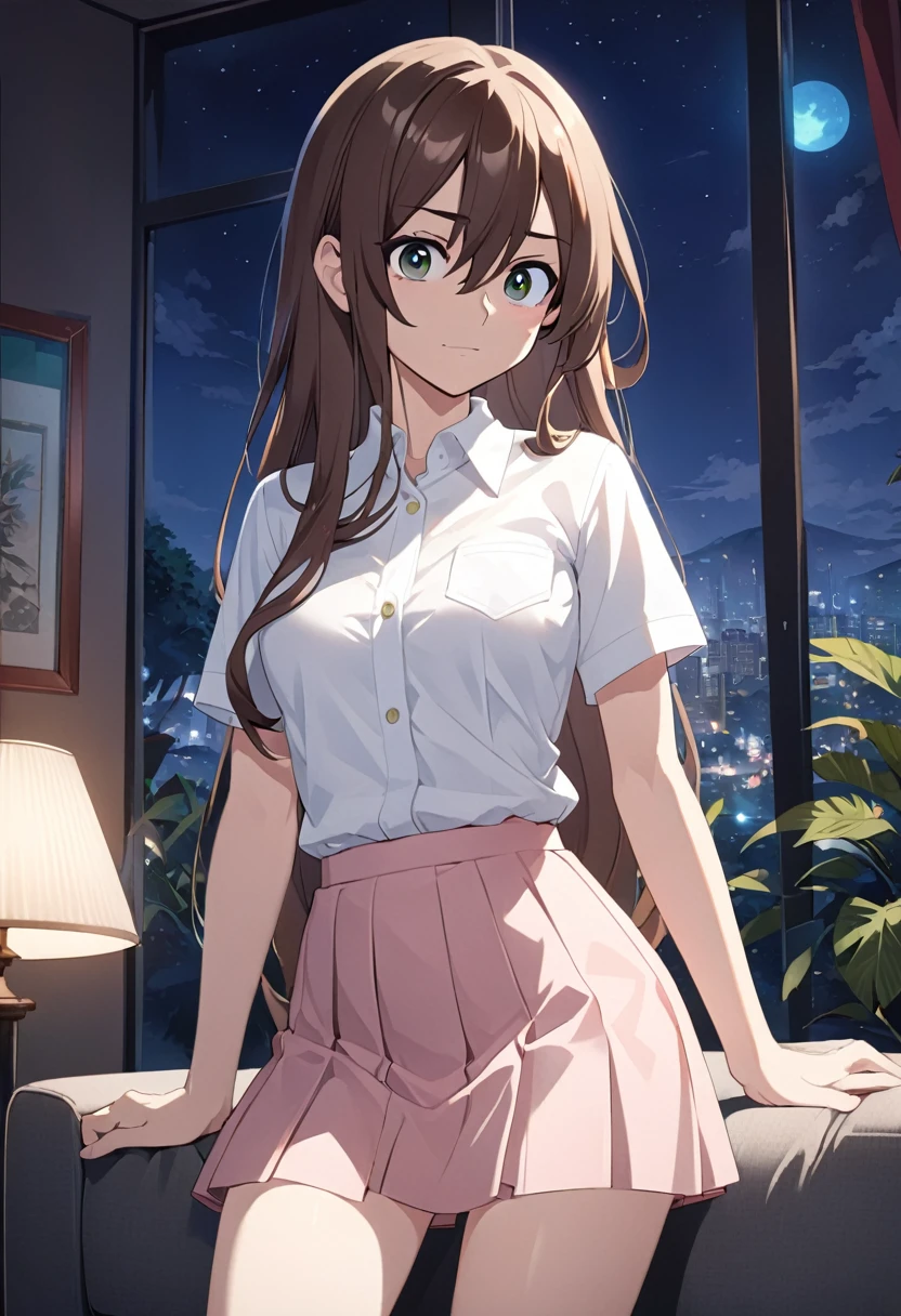 beautiful woman, ((portrait)), ((detailed face:1.2)), ((anime Лицо, anime черта лица, Clean skin, глянцевые anime губы, Clean skin), (long beautiful straight slightly curled hair, brown-haired: 1.65), ((green eyes)) (perfectly proportional body, slim waist, narrow hips,, 2 bust size, height 165), arched back (wear a white short-sleeve button-down blouse, unbuttoned, (short pleated pink skirt:1.15), For Girls, (detailed living room background:1.1), on the couch, vacationist, ( Best quality, detailed), (8k wallpaper), (cinematic lighting, beautiful light, (night:1.3)) (Sharp Focus, difficult) ((( 2d, anime)))