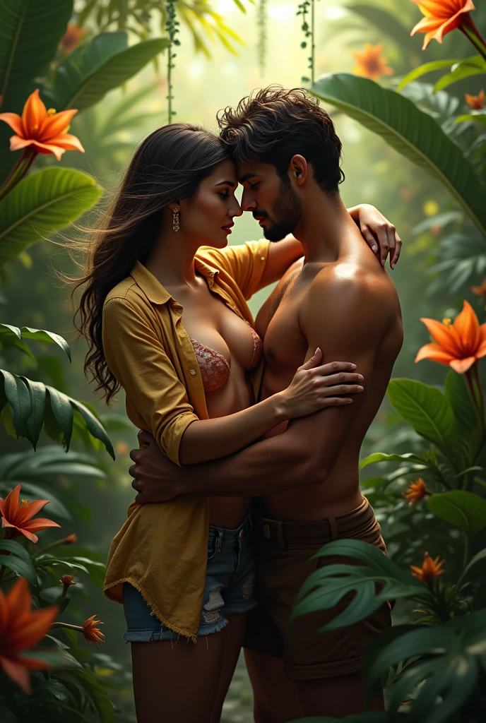 In the lush Eden gardens, a masterpiece of intimacy unfolds. Adam and Eve's first kiss is captured in exquisite oil painting format, with high clarity and intricate details that transport the viewer to a realm of conceptual art. The cinematic composition frames the duo lying down nude, their bodies entwined in a passionate embrace. Soft golden light illuminates the scene, casting a warm glow on the tender moment. Eve's female form is rendered in exquisite detail, her features flushed with desire as she kisses Adam with abandon. The brushstrokes are bold and expressive, imbuing the piece with sensuality and depth. A perfect close-up captures the intensity of their love, inviting the viewer to step into the serenity of this idyllic paradise.