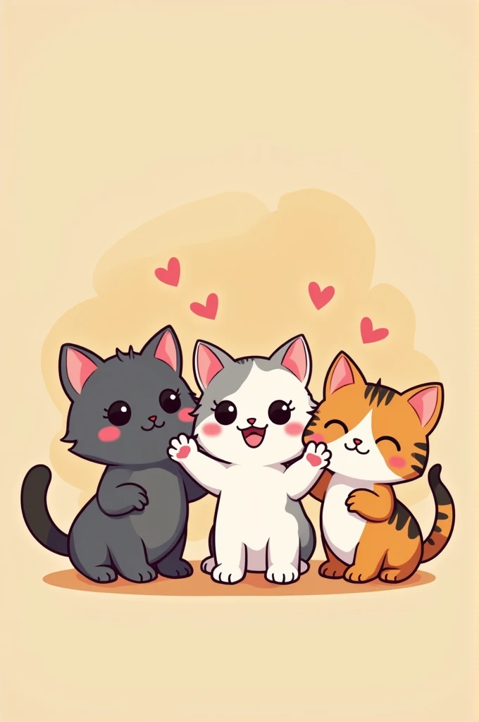 Create a cartoon image with 3 kittens, a gray one, a mixed one and a frajola one with half a heart drawn on the back