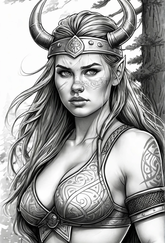  pencil sketch of a Viking character with scars of war, erotic image of a naked Viking woman, cartoon art style, digital illustration style, highly detailed character design, courage detailed digital art, Forest fan art, Portrait Character Design, beautiful digital illustration, high-quality portrait, comic book art, young woman with beautiful hair, Beautiful outlined eyes, exposed Medium large bust and erotic sensual posture. expression of sexual desire image, full body illustration