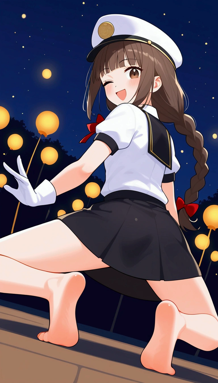 {Highest quality}, {Super beautiful},{Ultra fine},{Best illustration},Brown Hair,Hime cut,long hair,Braid,One woman,Kneeling Woman,Strike a pose,Adult women,smile,Excited face,Wink,Uniform cap,White Shirt,Short sleeve,long black skirt,White gloves,Night Festival,Blushing,Slender,barefoot,barefoot,From an angle,From below,Spread your legs,Sole,Back view